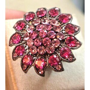 Vintage Pink Rhinestone Floral Statement Ring Adjustable Fit Antique Silver-Tone